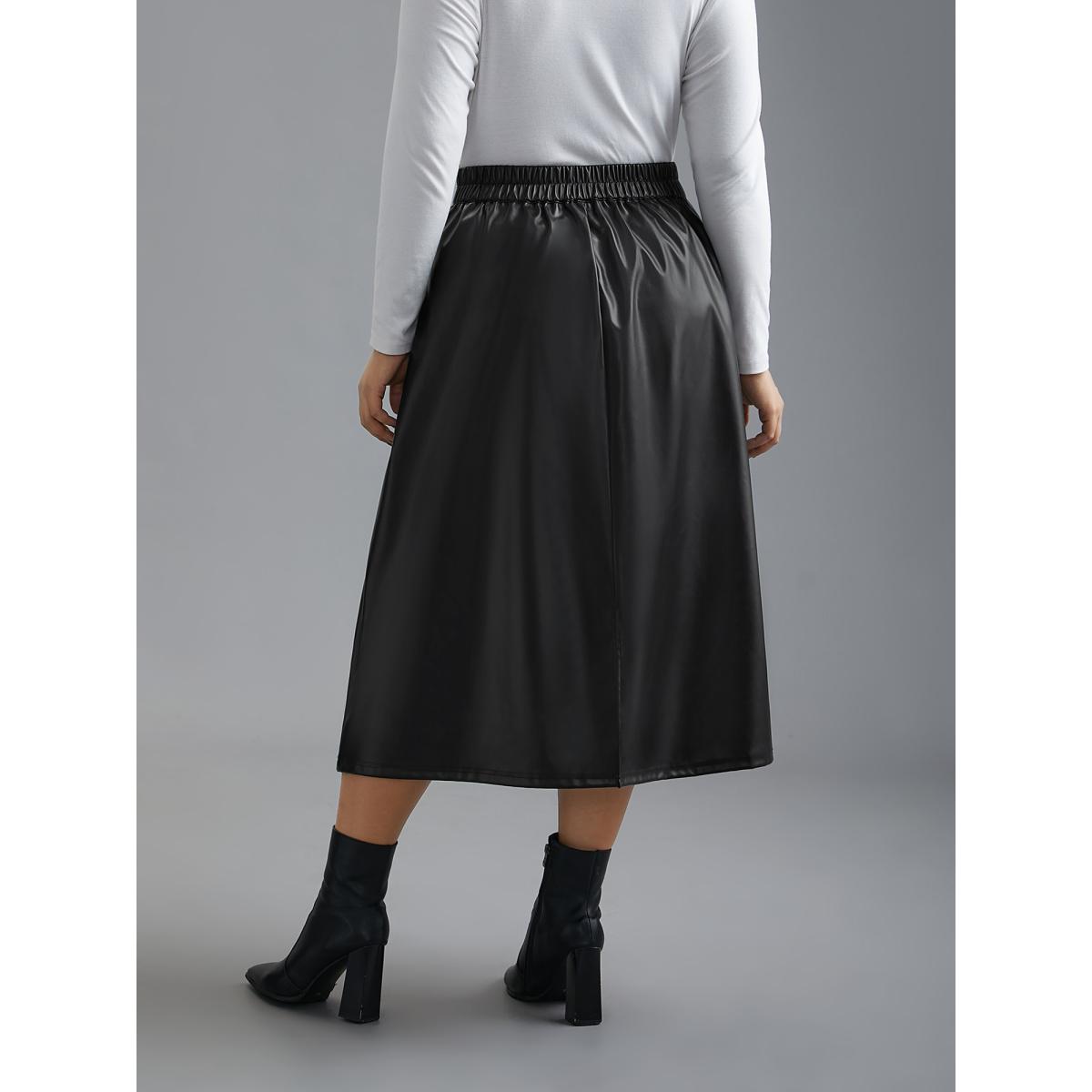 Plus Size PU Leather Elastic Waist Split Hem Skirt Women Black Elegant Slit Low stretch Slanted pocket Everyday Skirts BloomChic 28/5X Product Image