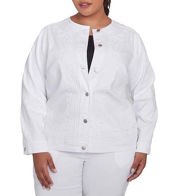 Ruby Rd. Plus Size Embroidered Round Neck Long Sleeve Button-Front Denim Jacket Product Image