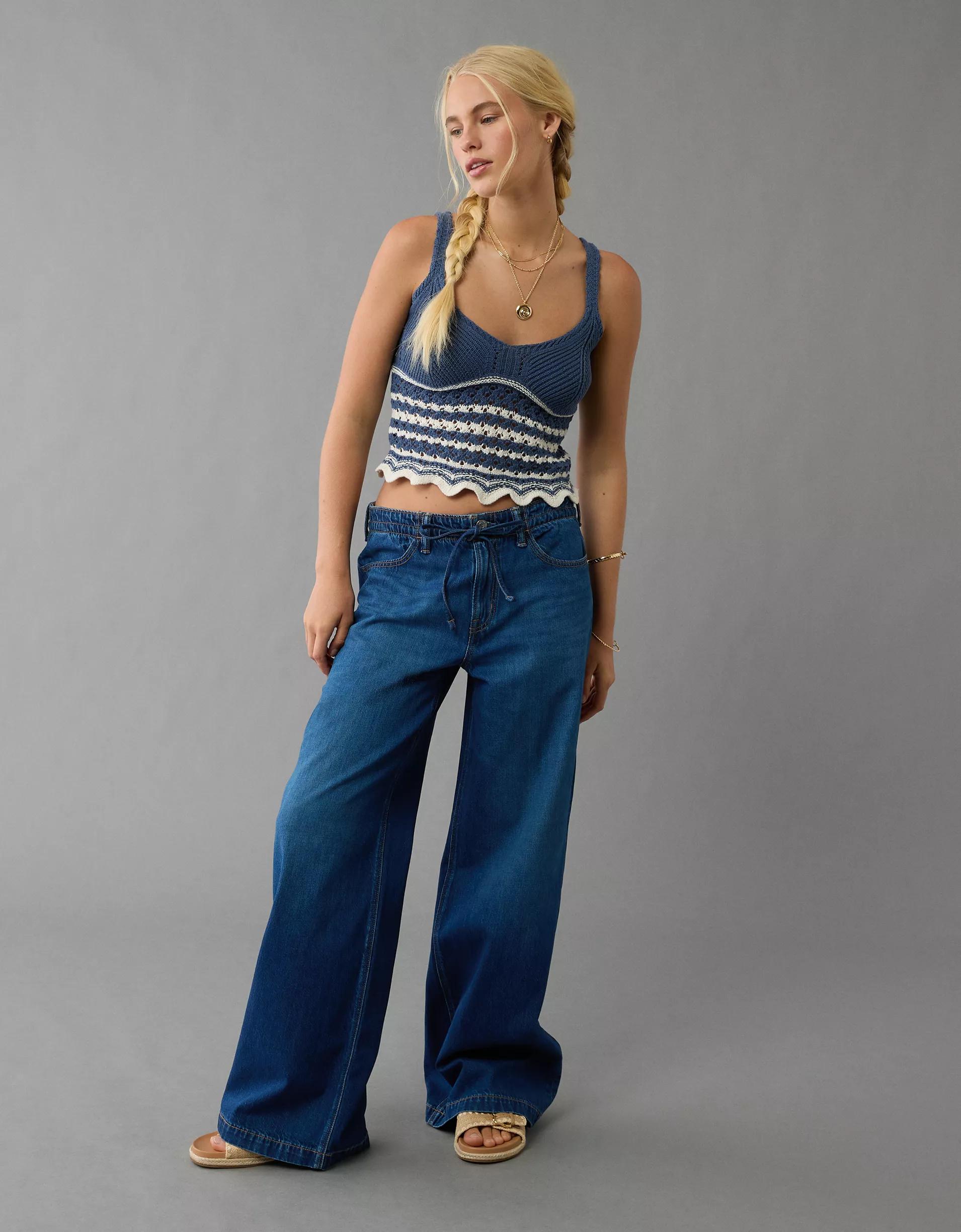 AE V-Neck Pointelle Scalloped Crochet Tank Top Product Image