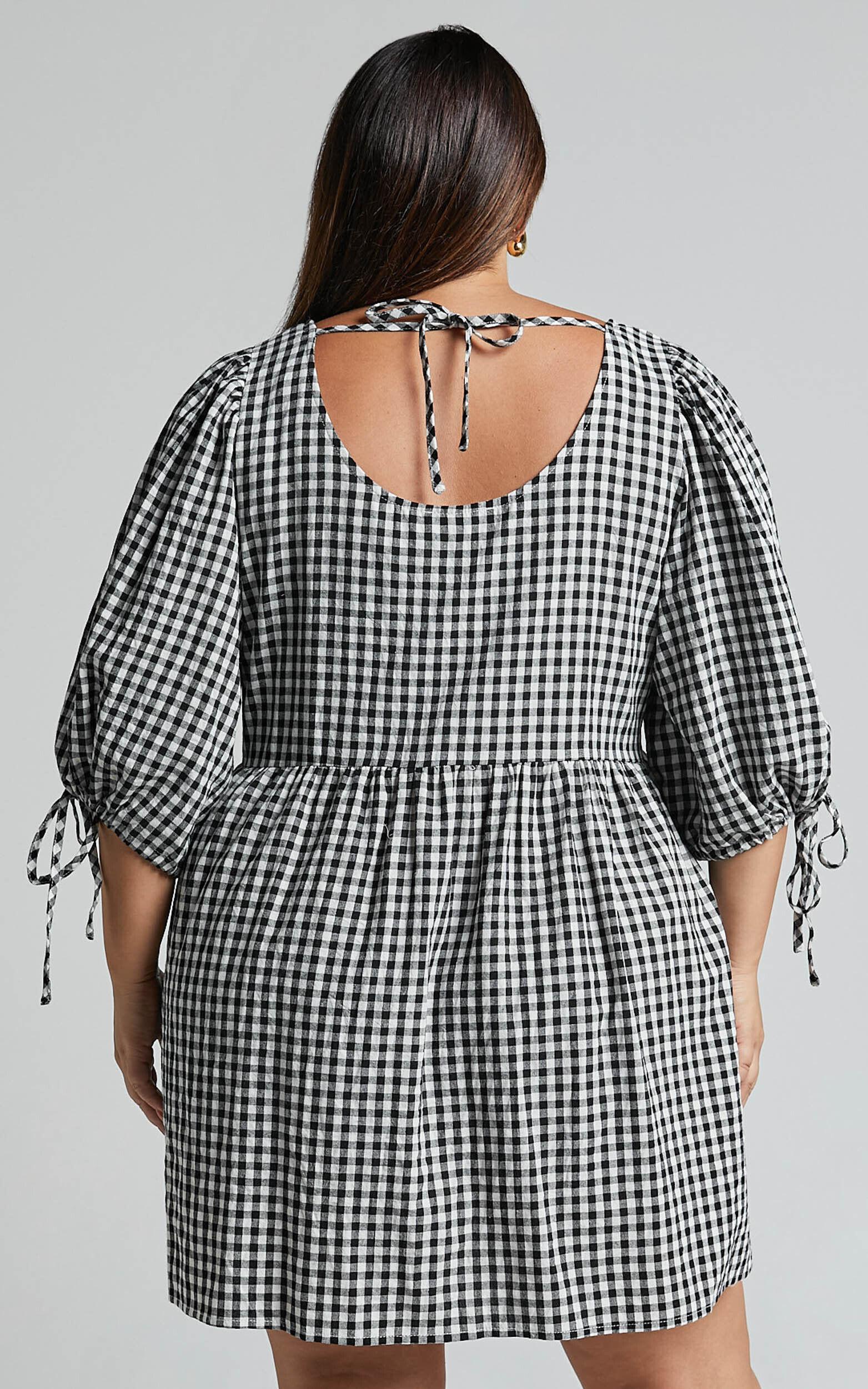Rosita Mini Dress - Tie Front Puff Sleeve Dress in Black and White Check Product Image