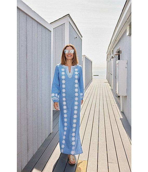 SAIL to SABLE Woven Embroidered Split V-Neck Long Sleeve Caftan Dress Product Image