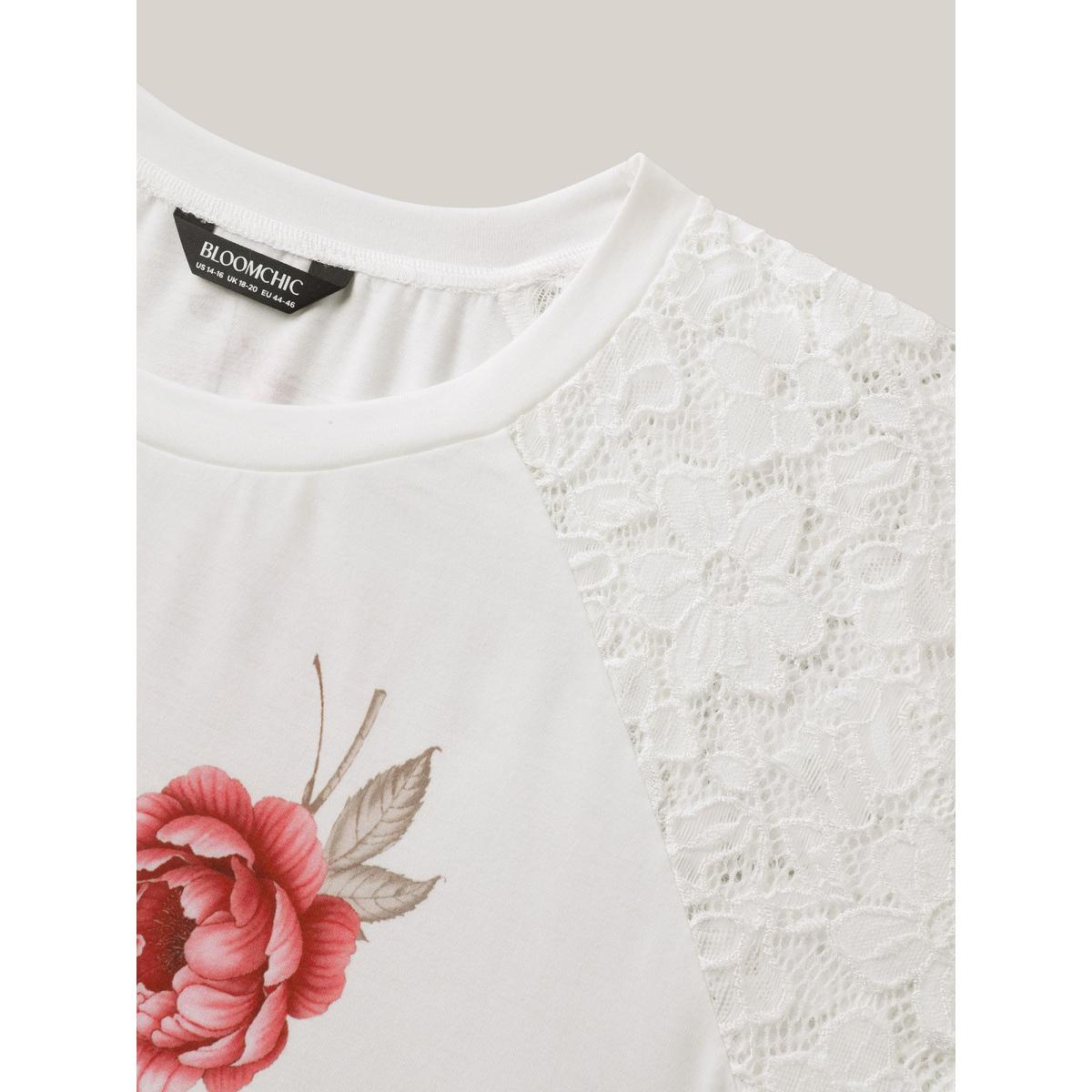 Plus Size Lace Sleeve Layered Floral T-Shirt WhiteSmoke Women Timeless Contrast Natural Flowers Round Neck Elegant T-shirts BloomChic 22-24/3X Product Image