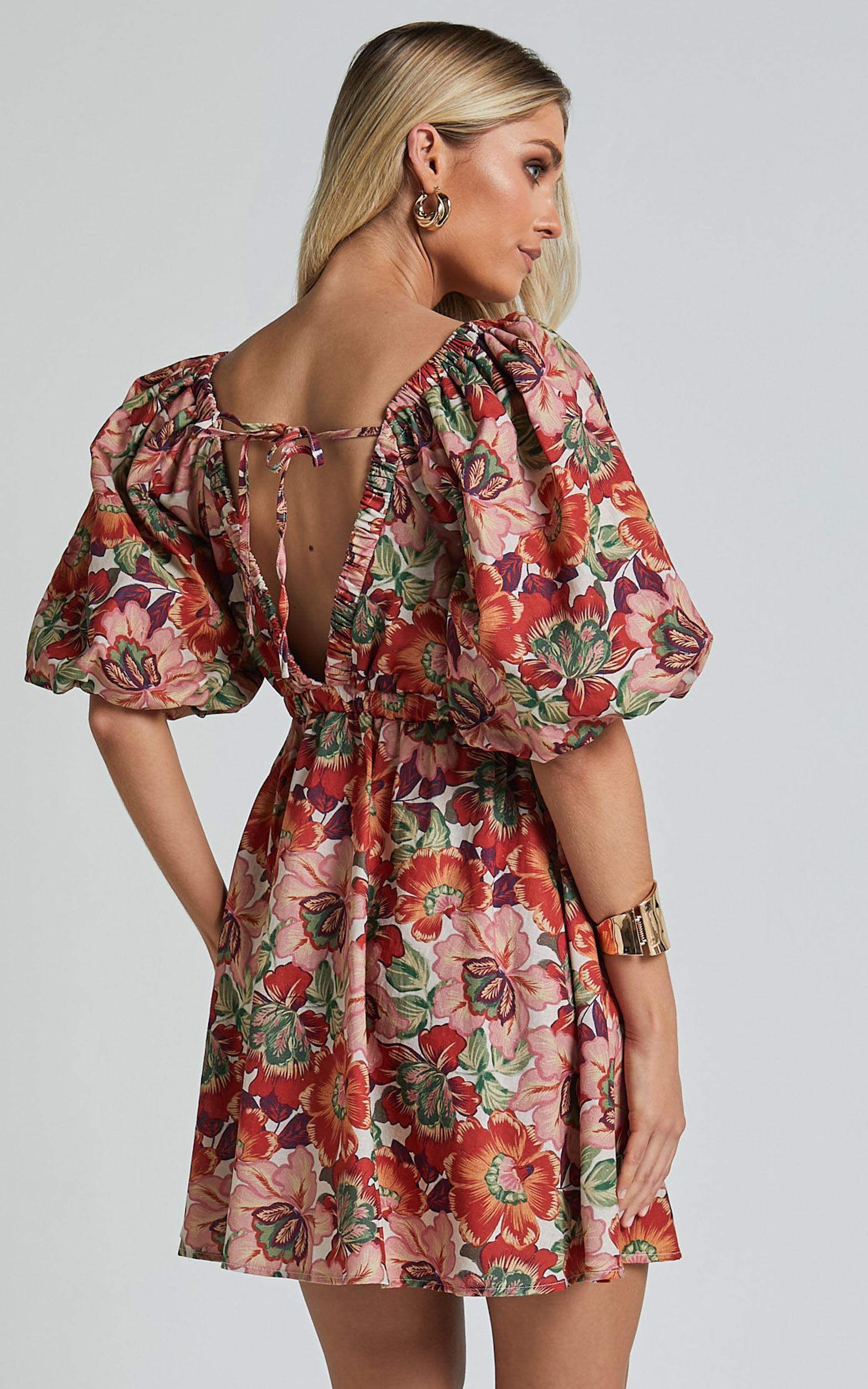 Amalie The Label - Loleta Linen Blend Short Balloon Sleeve Low Back Mini Dress in Musee Print Product Image