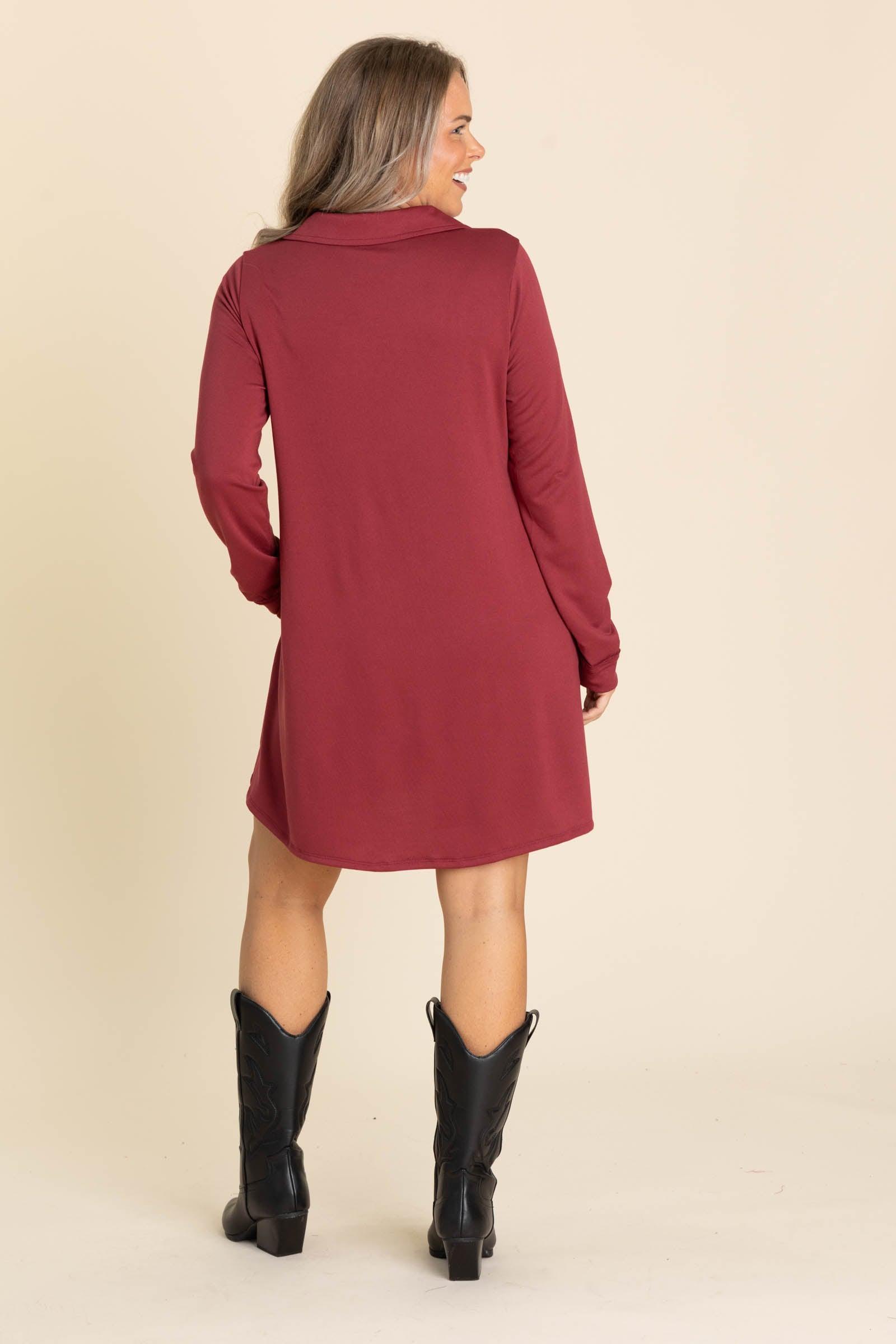 Collared Long Sleeve Knit Dresses With Pockets Product Image