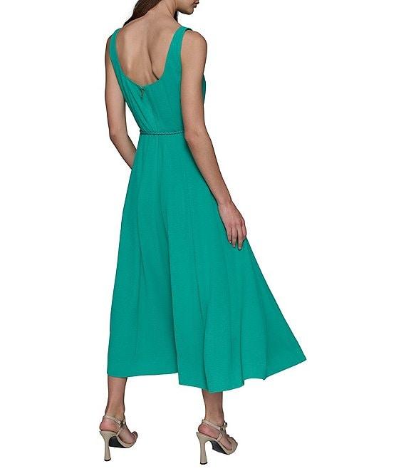 KARL LAGERFELD PARIS Twill Square Neck Sleeveless Belted Blouson Midi Dress Product Image