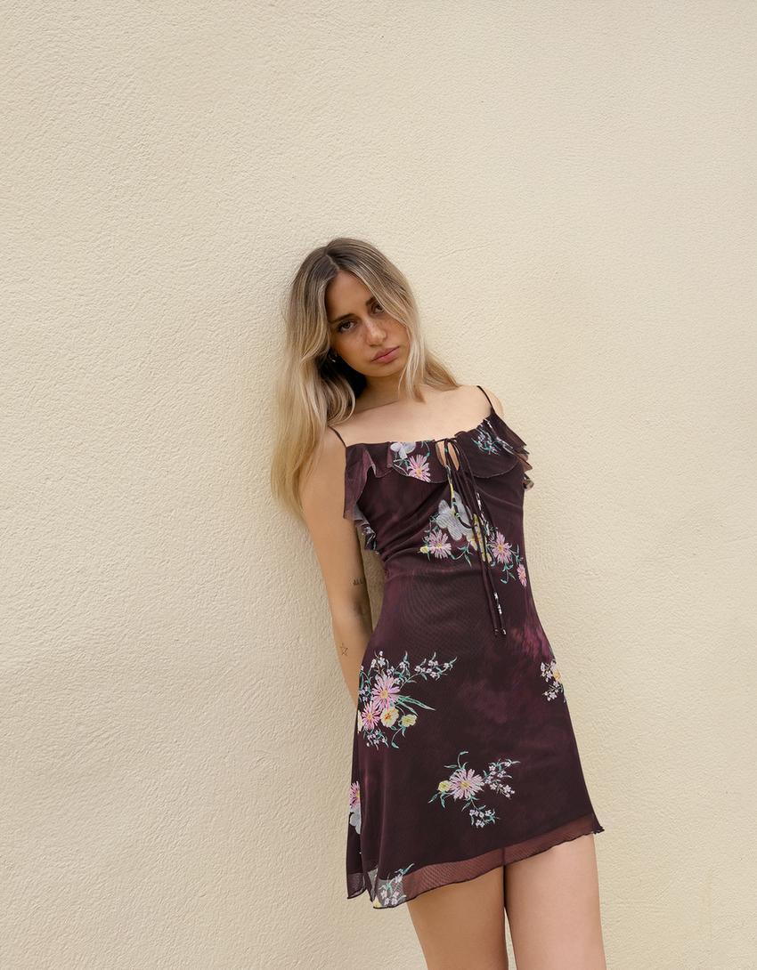 Printed tulle mini dress with straps Product Image