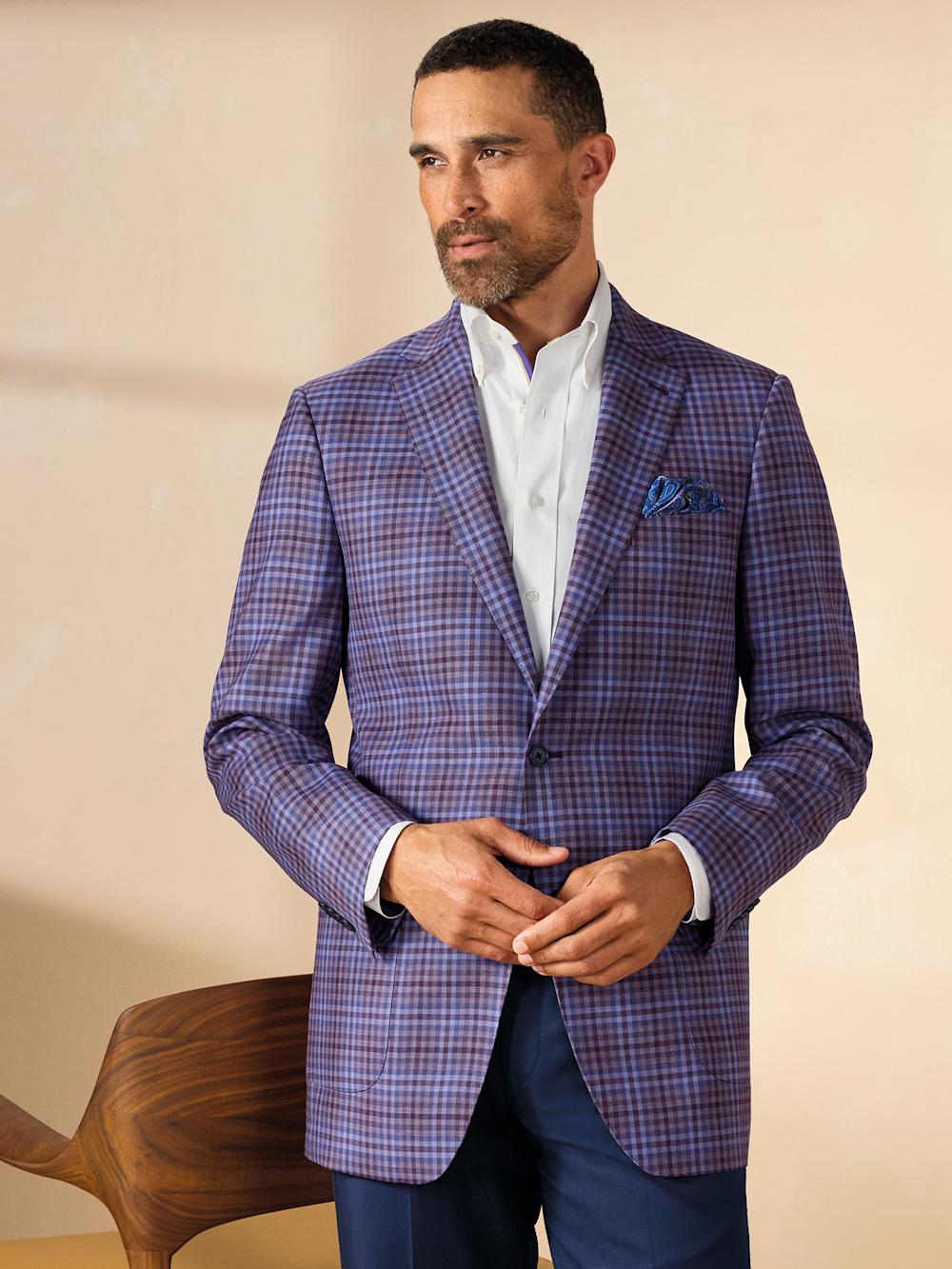 Wool Plaid Single Breasted Notch Lapel Sport Coat - Purple Product Image