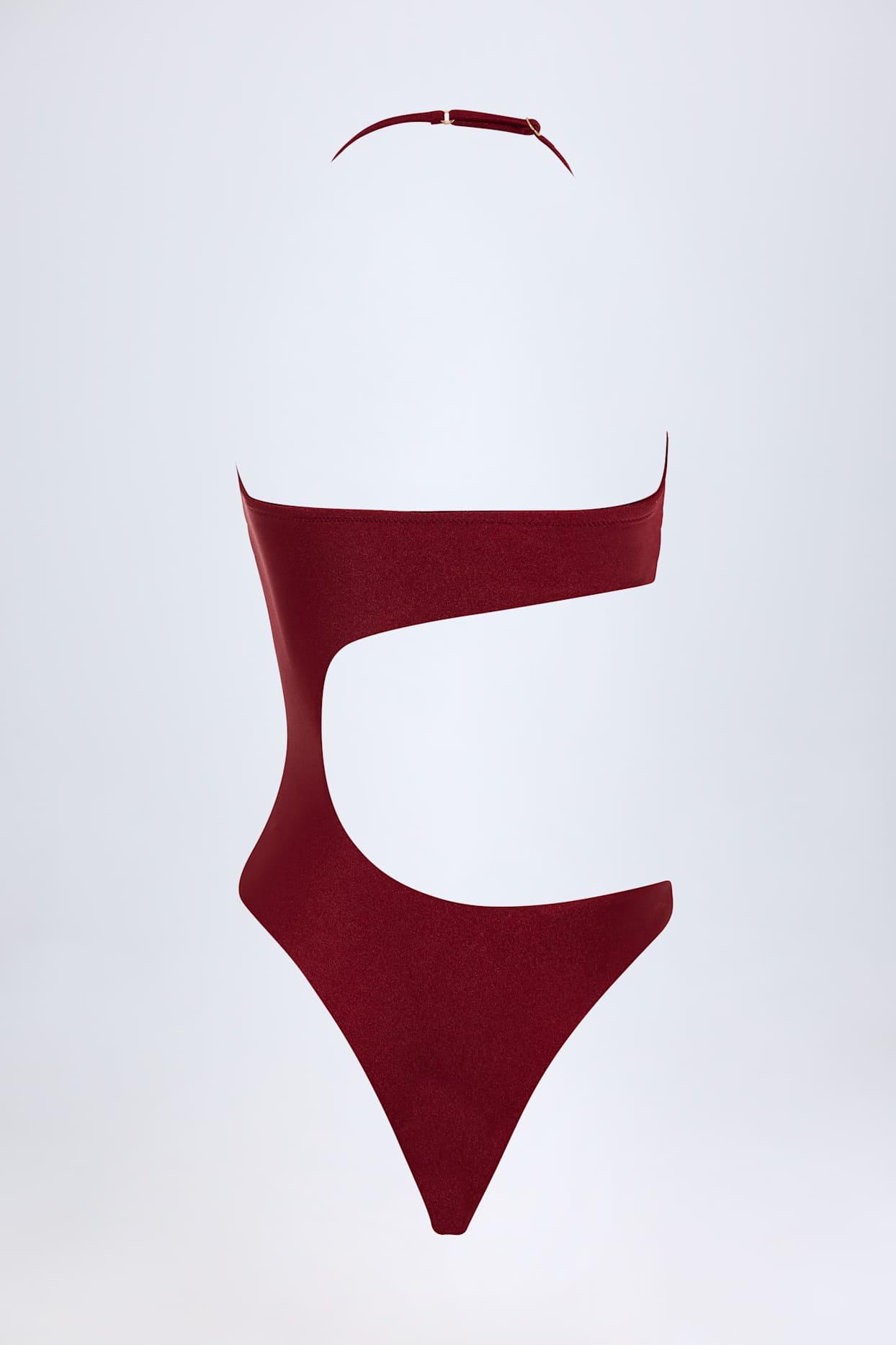 Bead-Embellished Cut-Out Bandeau Swimsuit in Dark Cherry Product Image
