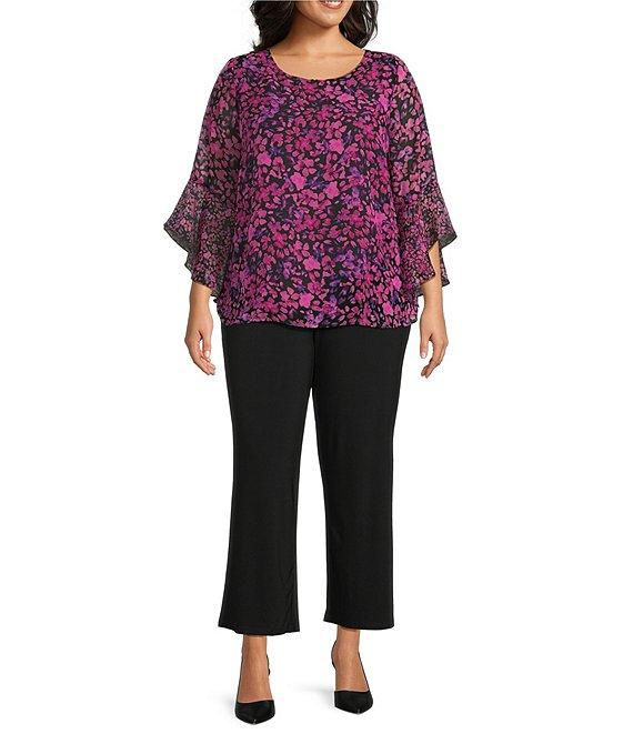 Kasper Plus Size Floral Chiffon Boat Neck 3/4 Ruffle Sleeve Blouse Product Image