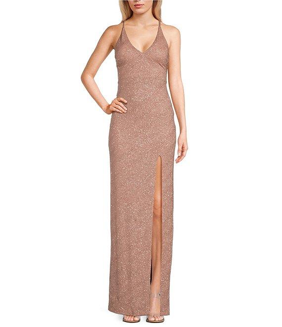Pear Culture Spaghetti Strap V-Neck Glitter Dress Product Image