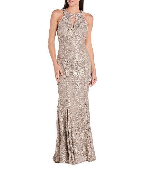 R & M Richards Petite Size Keyhole Neck Glitter Lace Scalloped Bodice Mermaid Gown Product Image