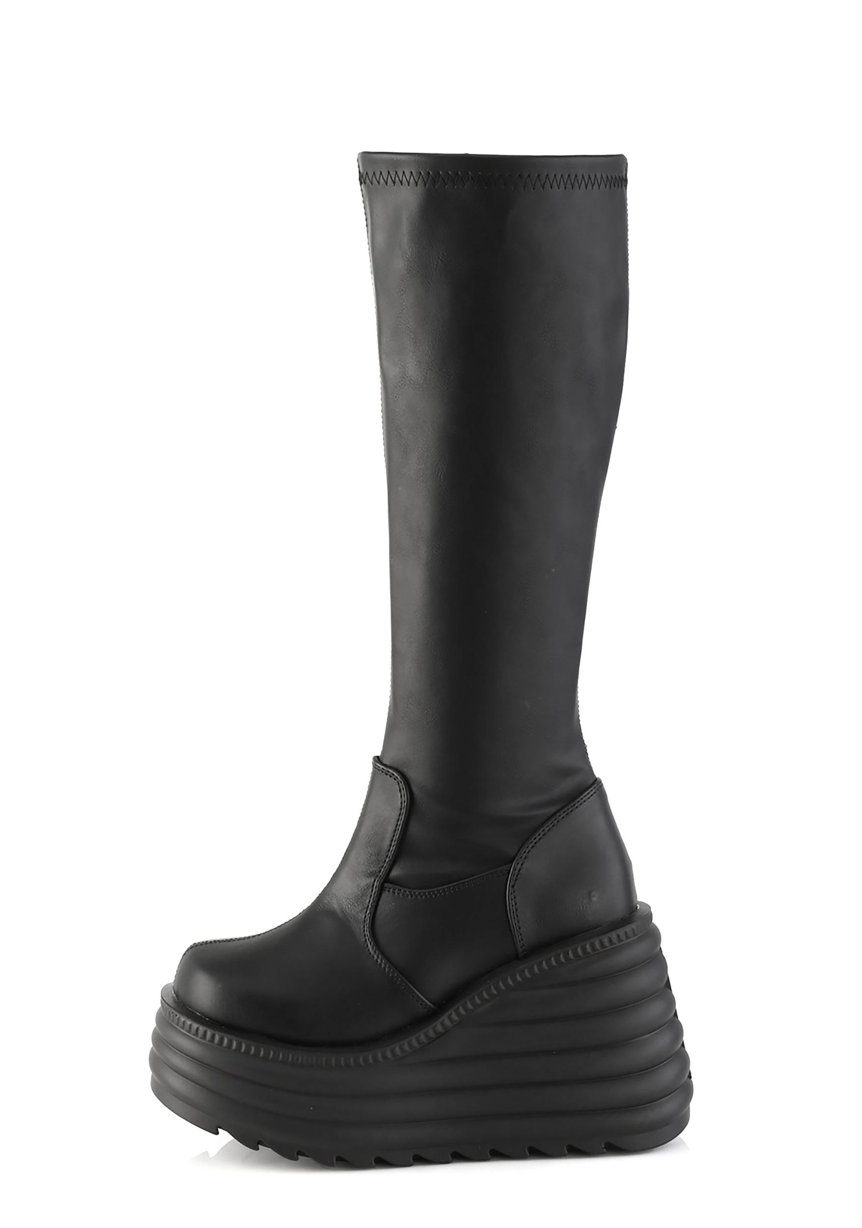 Demonia Morte-300 Platform Stretch Knee High Wedge Boots - Black Product Image