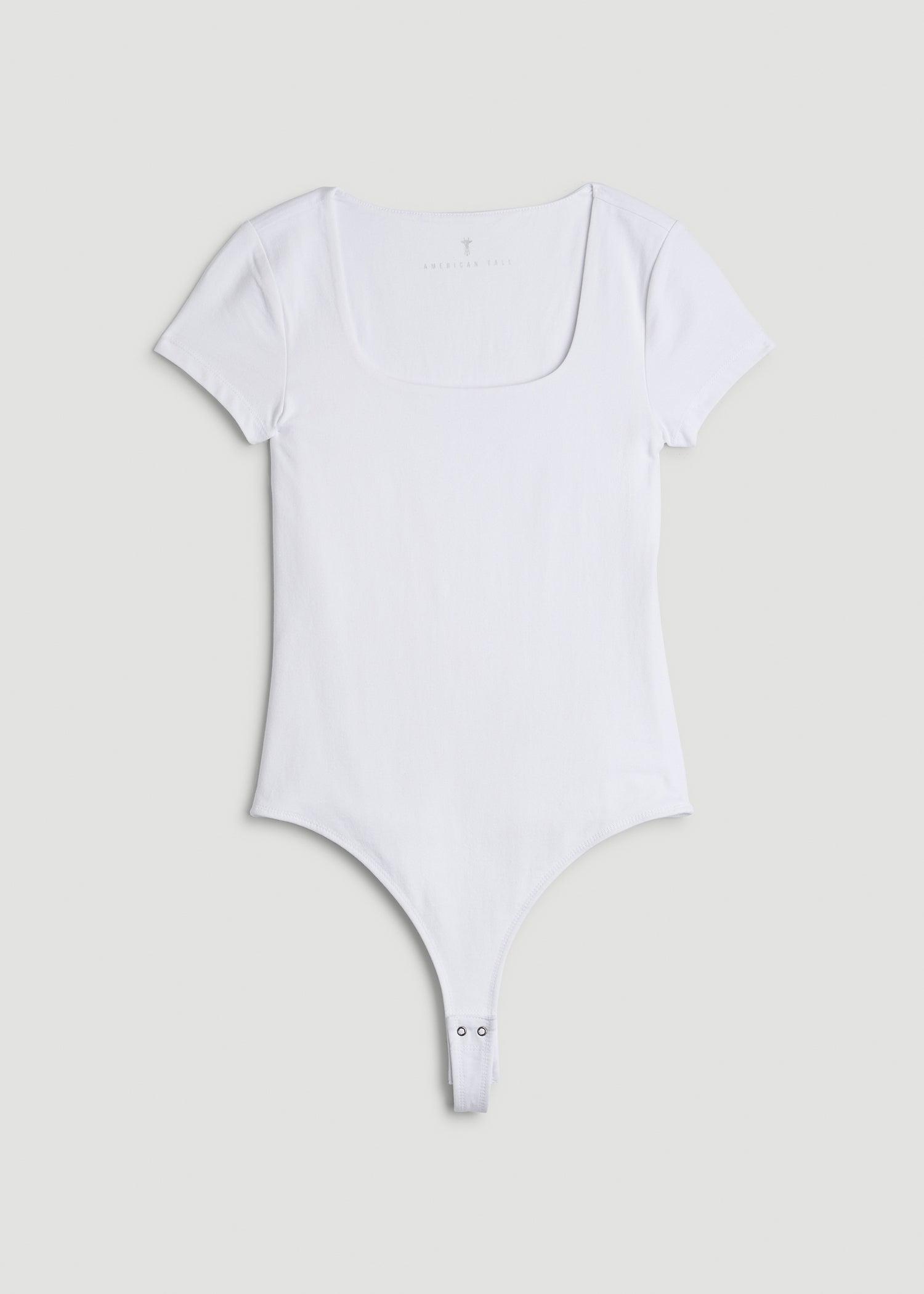 Cotton Blend Short Sleeve Square Neck Bodysuit for Tall Women in White Female Product Image