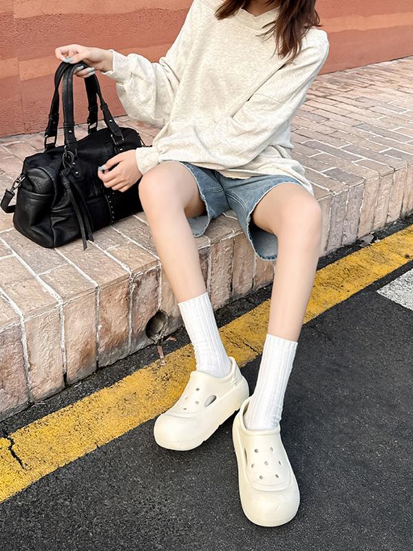 Hollow Round Cut Solid Color Crocs Platform Shoes Sandals Product Image