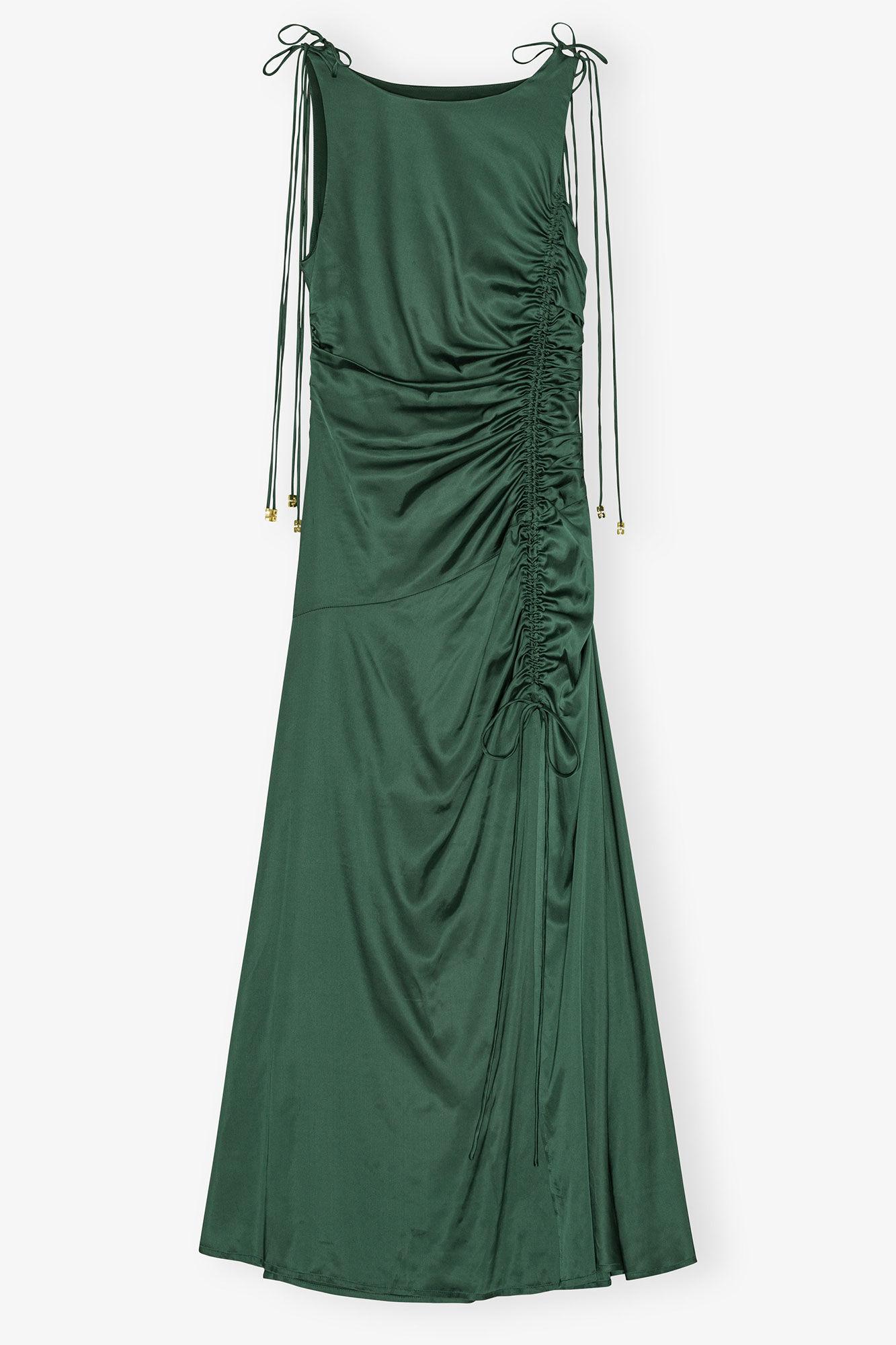 Green Satin Gathered Dress Product Image