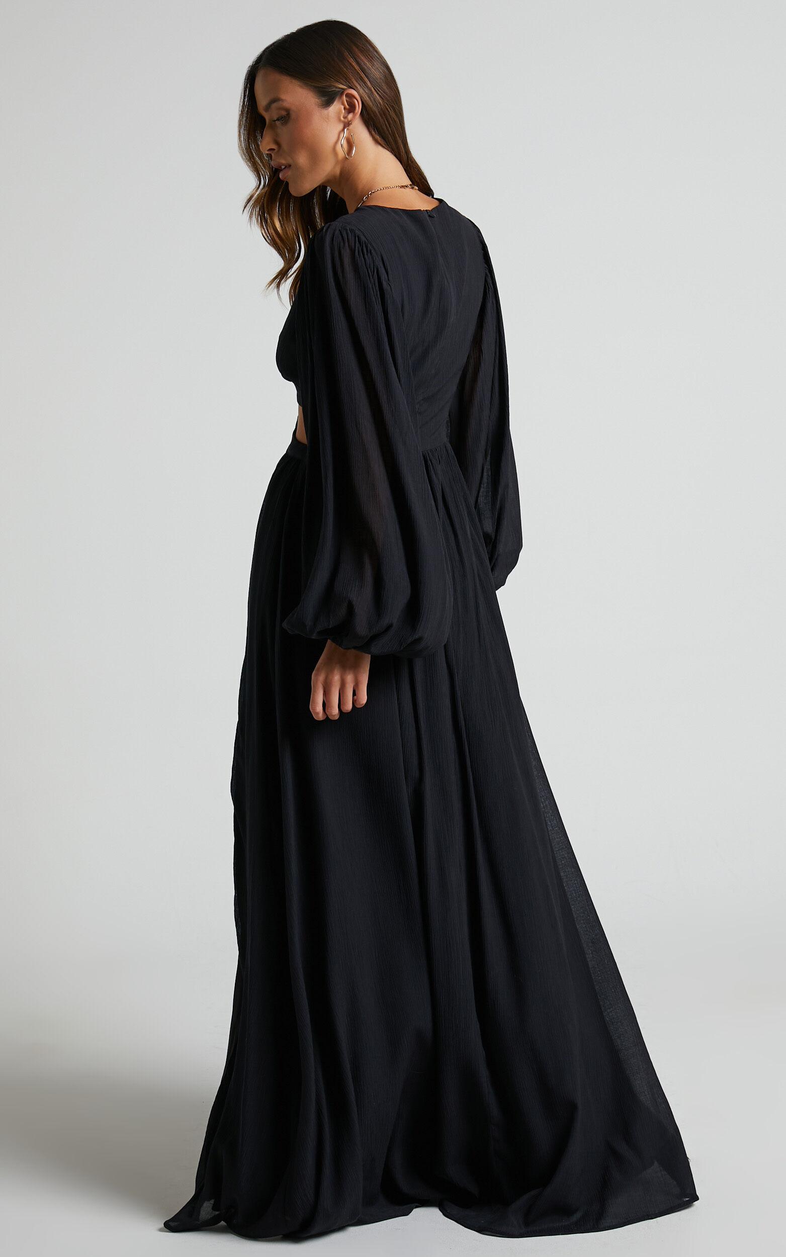 Paige Maxi Dress - Side Cut Out Balloon Sleeve Dress in Black Product Image