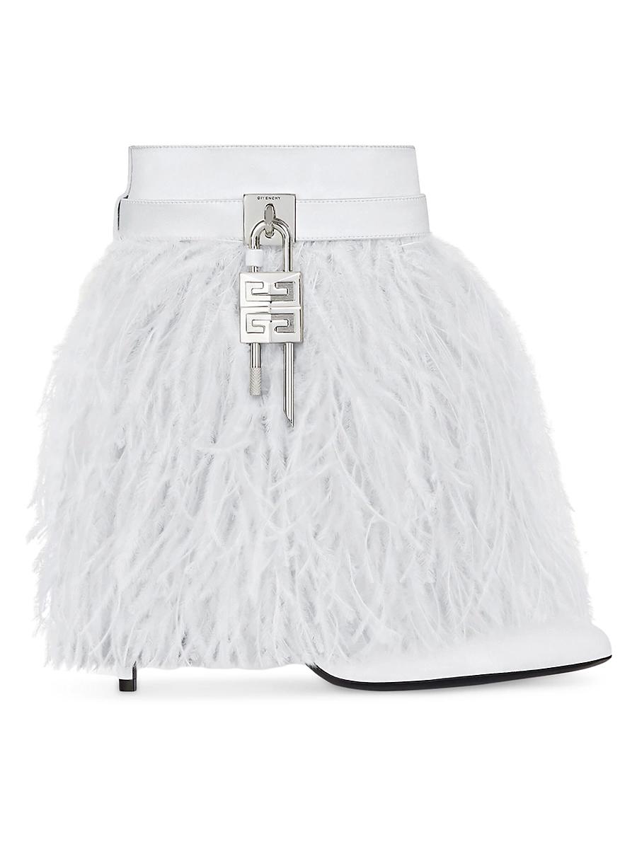 Womens Shark Lock Stiletto Ankle Boots in Satin with Feathers Product Image