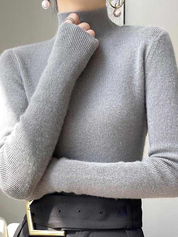 Casual Skinny Long Sleeves Solid Color Half Turtleneck Sweater Tops Product Image