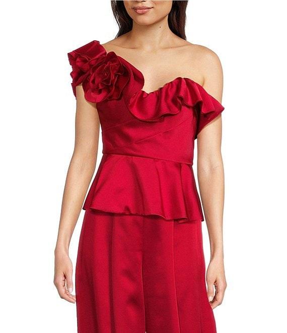 Muse by Marchesa Satin 3D Floral Carnation Ruched Sweetheart Neck Asymmetrical One Shoulder Peplum Coordinating Top Product Image