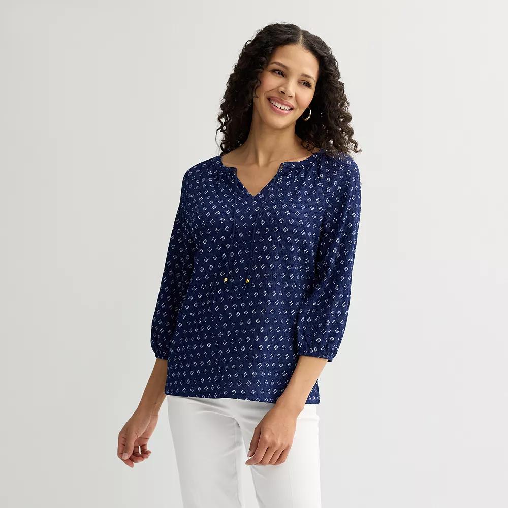 Women's Croft & Barrow® 3/4-Sleeve Peasant Top, Size: XS, Blue Lattice Geo Product Image