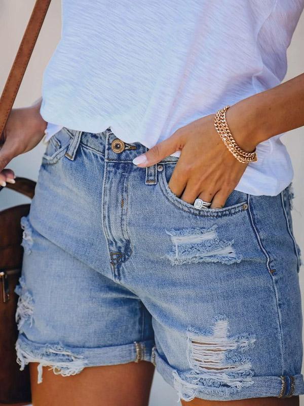 Loose Hollow Ripped Split-Joint Denim Shorts Product Image