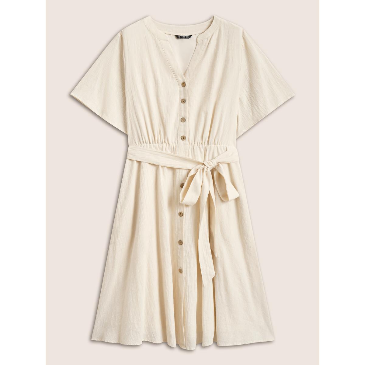 Plus Size Notched Collar Plain Button Detail Belted Dress Ivory Women Casual Belted Notched collar Half Sleeve Curvy BloomChic 28/5X Product Image