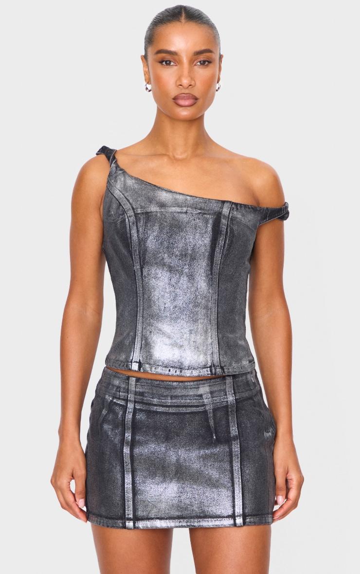 Black Silver Metallic Foil Effect One Shoulder Denim Top Product Image