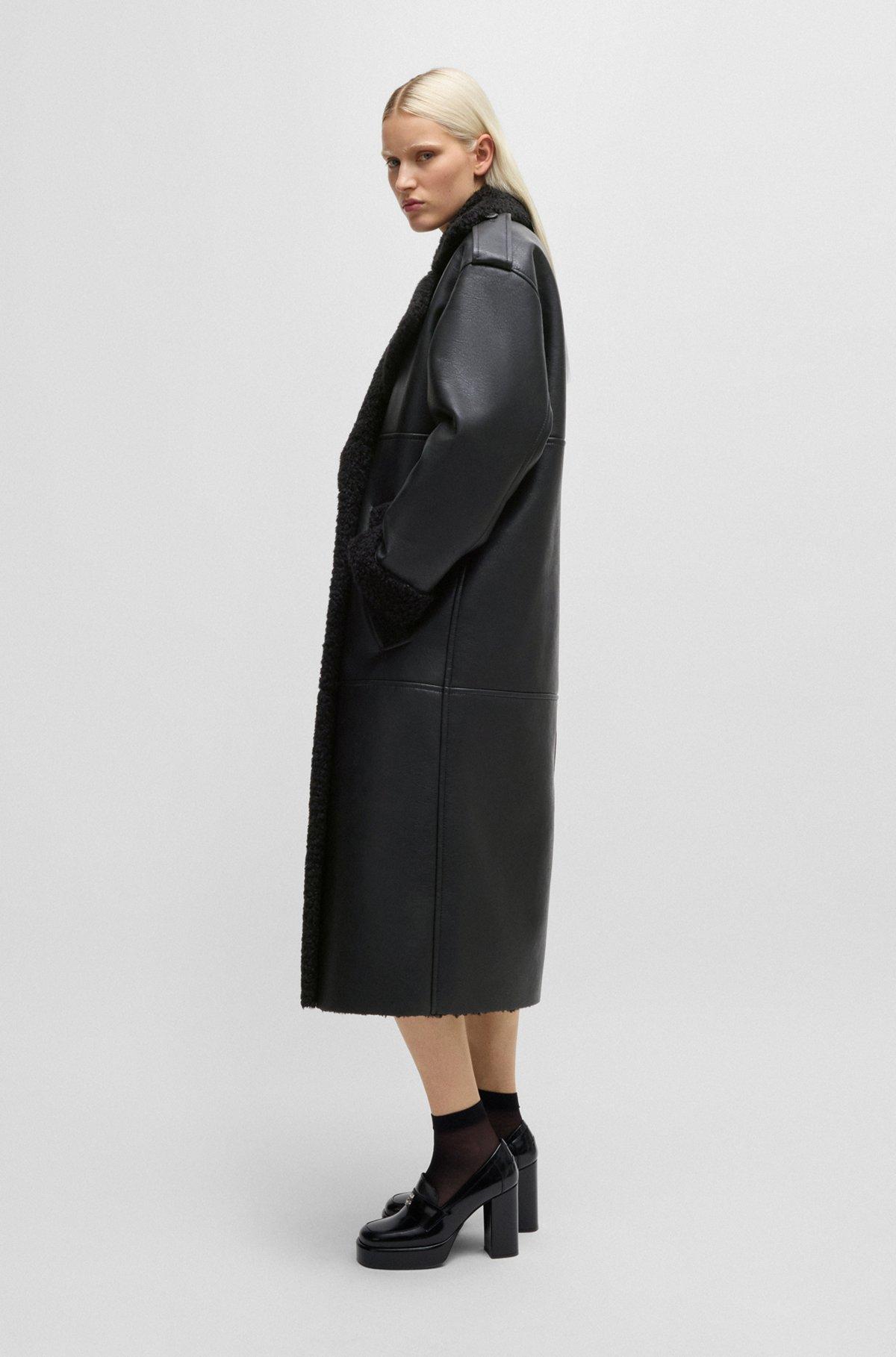 HUGO - Oversize-fit faux-leather coat with faux-fur trims - Black Product Image