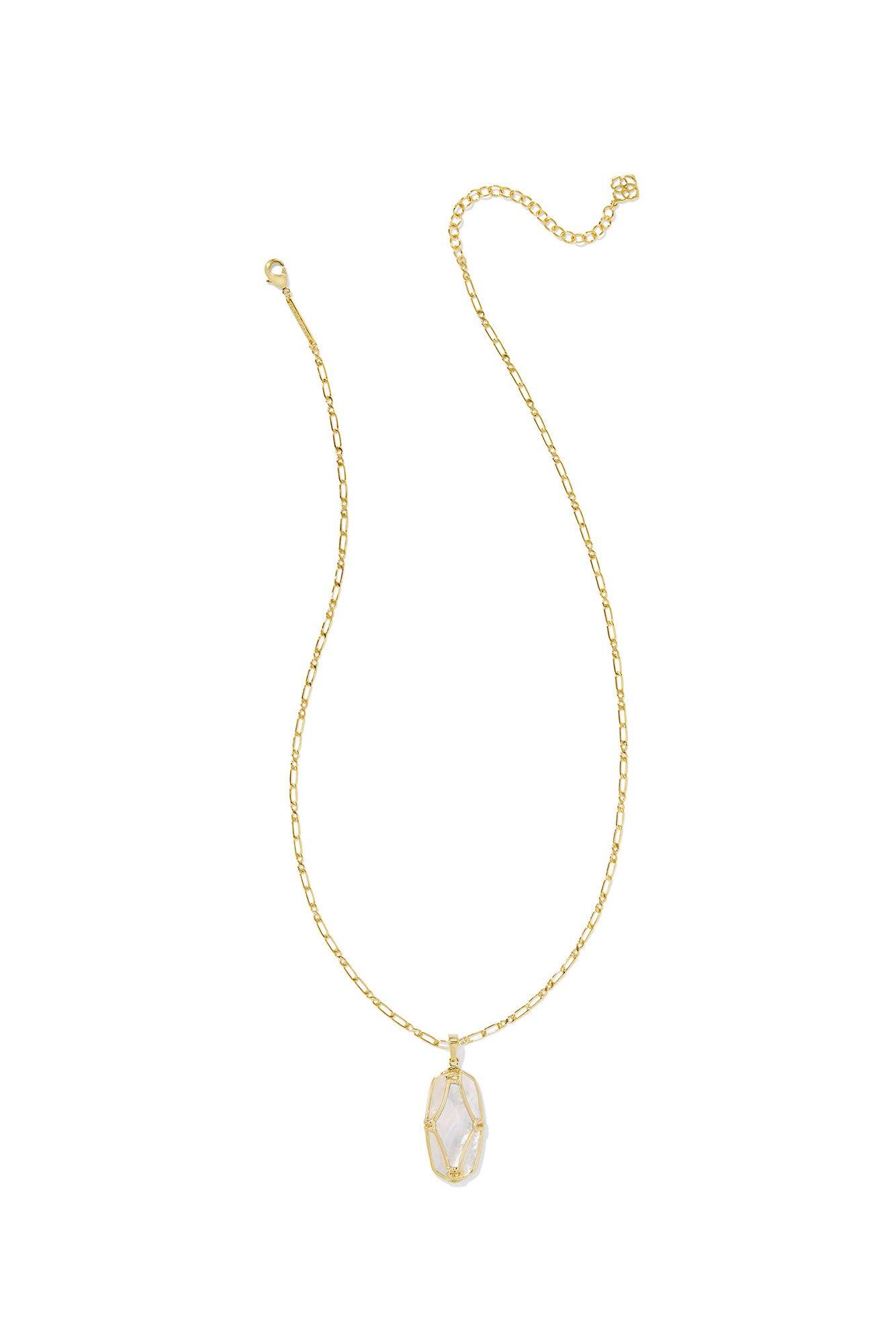 Elle Lattice Frame Gold Large Long Pendant Necklace Ivory Mother Of Pearl Product Image