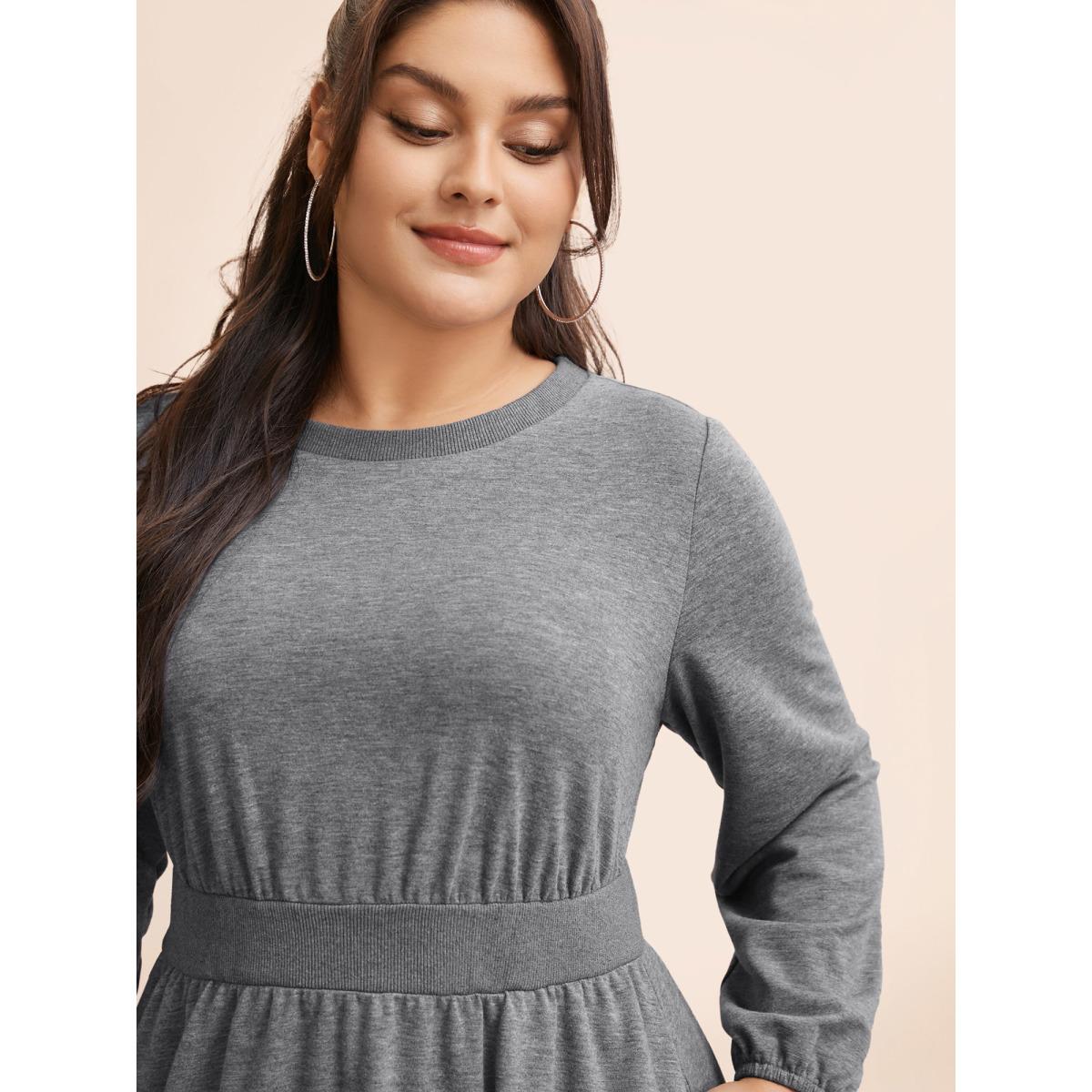 Plus Size Crew Neck Elastic Waist Midi Dress DarkGray Women Casual Patchwork Round Neck Long Sleeve Curvy BloomChic 22-24/3X Product Image