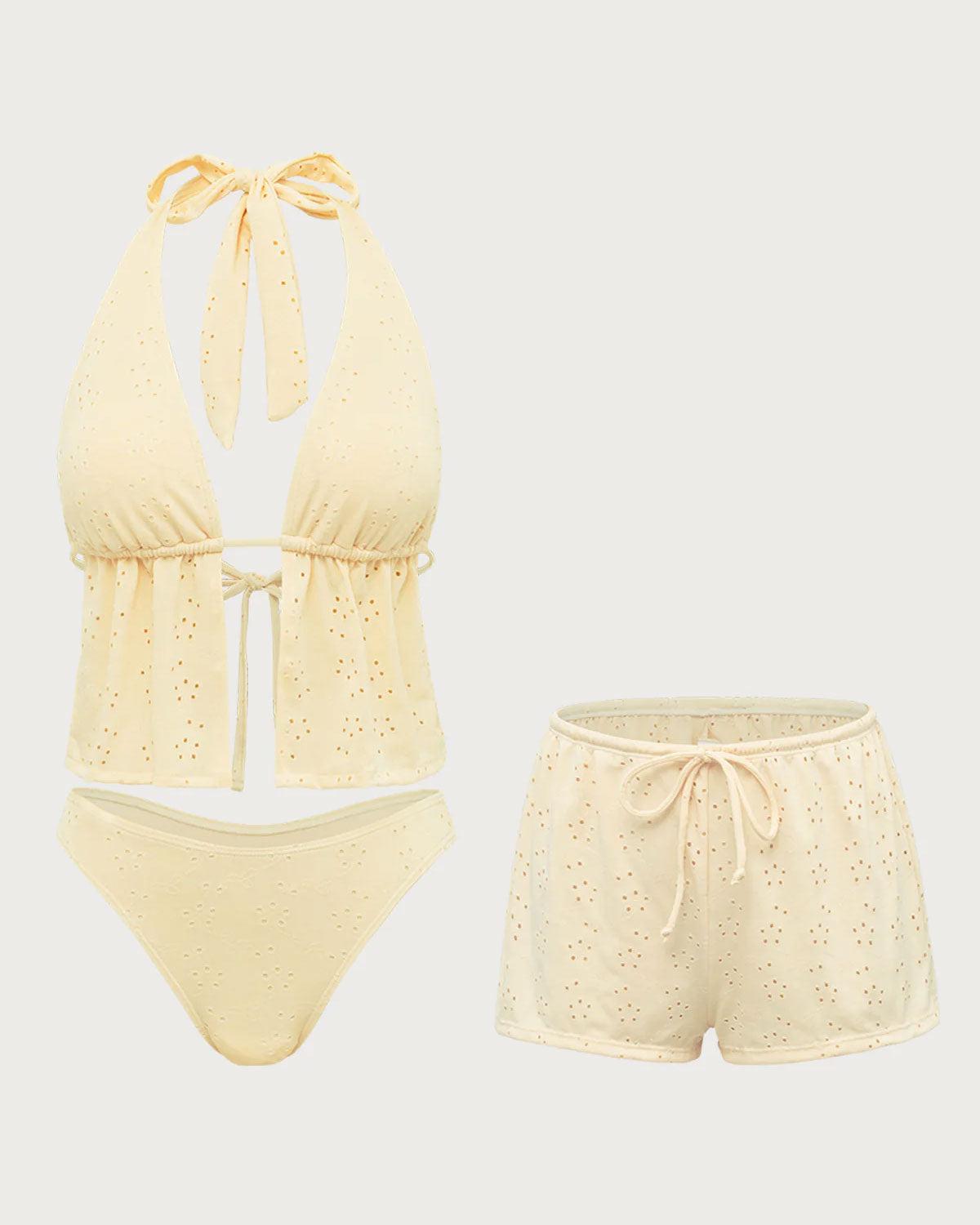 Yellow Hollow Tankini Three-Piece Swimsuit Product Image