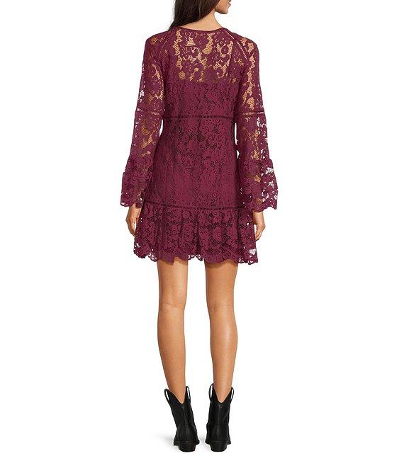 Scully Lace V-Neck Long Bell Sleeve Scalloped Hem A-Line Dress Product Image