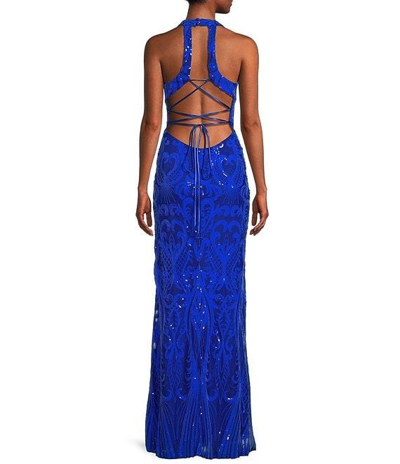 Next Up Sequin Pattern V-Neck Sleeveless X-Back Loop and Lacing Long Dress Product Image