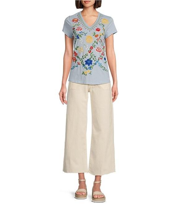 Reba Arizona Jersey Knit V-Neck Short Sleeve Embroidered Shirt Product Image