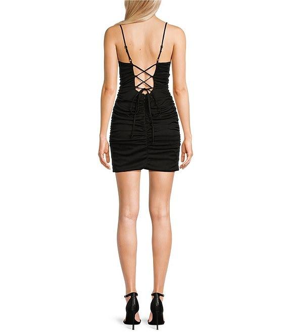 Morgan & Co. Sleeveless V-Neck Lace Bodice Rouched Matte Chiffon Skirt Dress Product Image