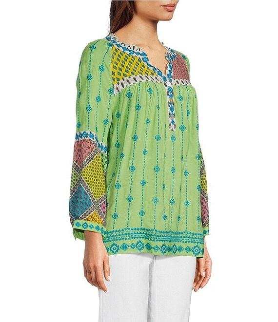 John Mark V-neck Long Sleeve Woven Multi Patchwork Tunic Product Image