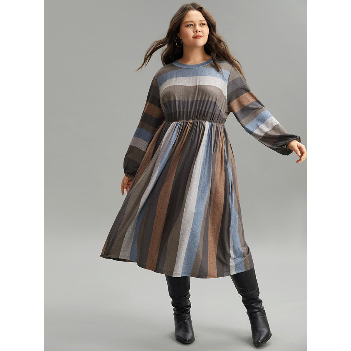 Plus Size Striped Colorblock Contrast Lantern Sleeve Dress Multicolor Women Casual Elastic cuffs Round Neck Long Sleeve Curvy Midi Dress BloomChic 14-16/1X Product Image