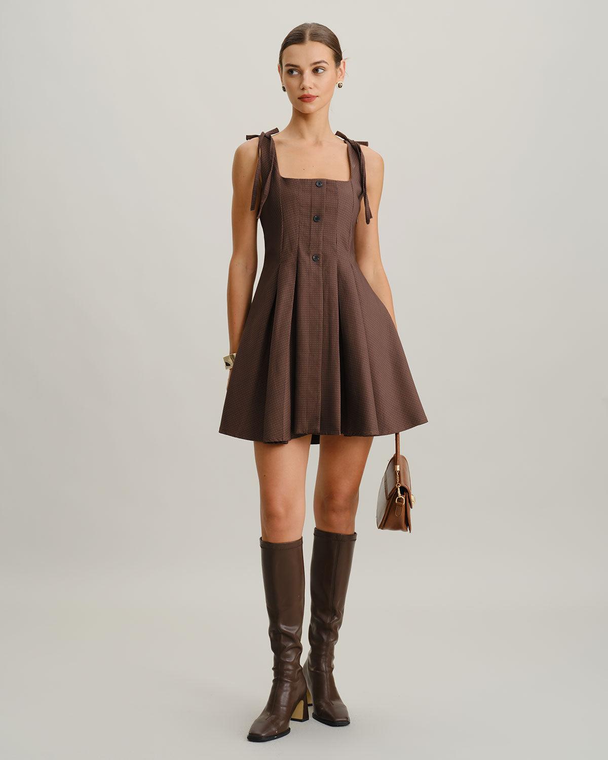 Brown Plaid A-Line Tie Strap Mini Dress Product Image
