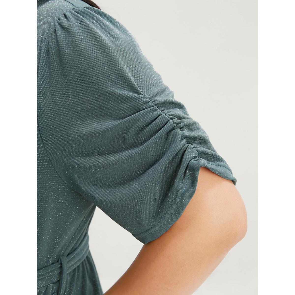 Plus Size Emerald Plain Scalloped Trim Ruched Glitter Pocket Belted Jumpsuit Women Elegant Short sleeve V-neck Party Loose Jumpsuits BloomChic 22-24/3X Product Image