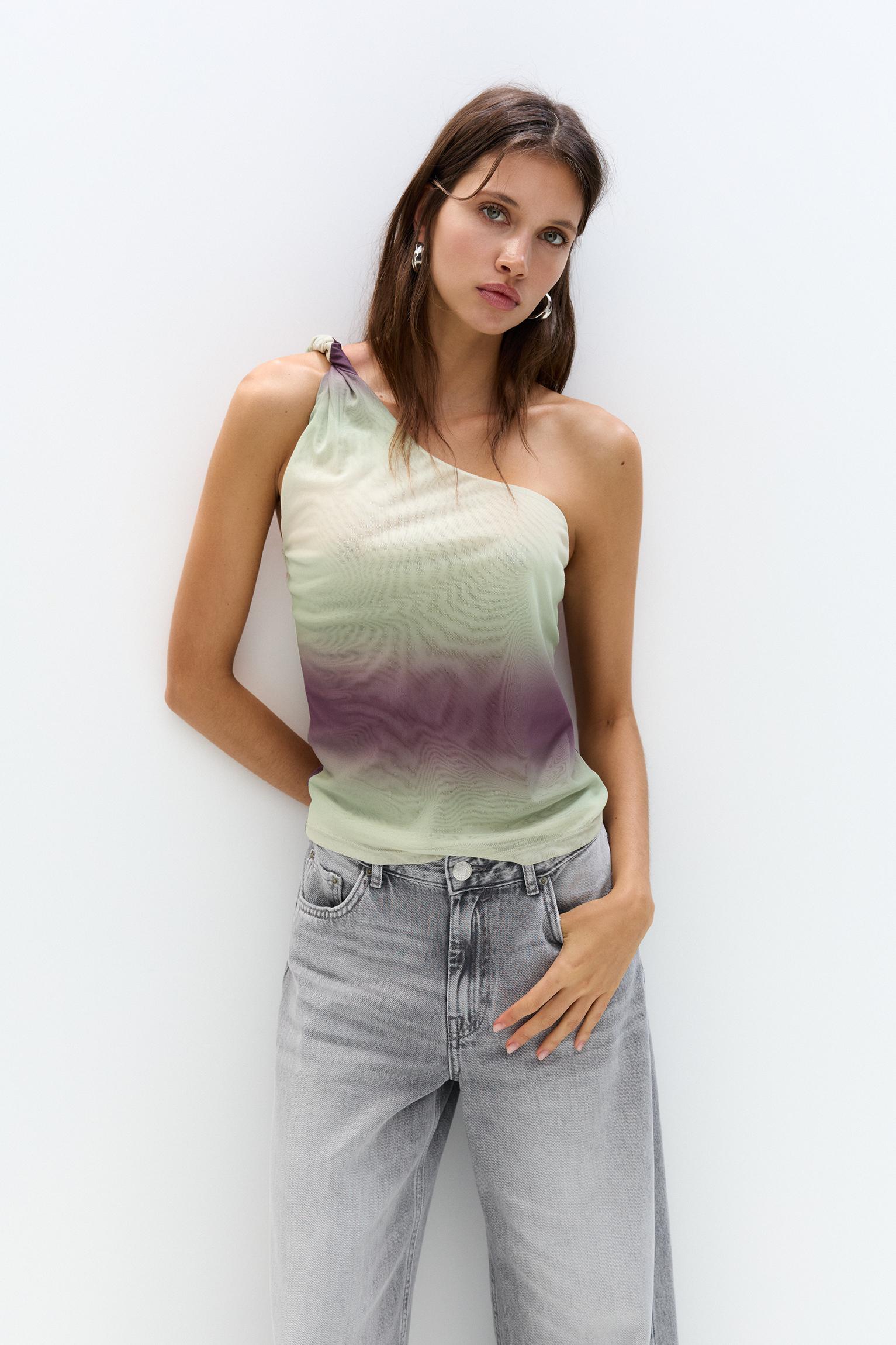 Asymmetric tulle top with a knotted strap Product Image