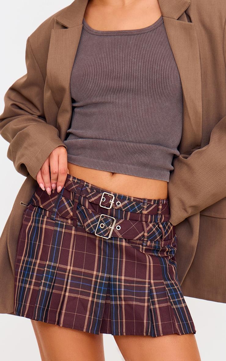 Brown Gingham Double Buckle Pleated Mini Skirt Product Image