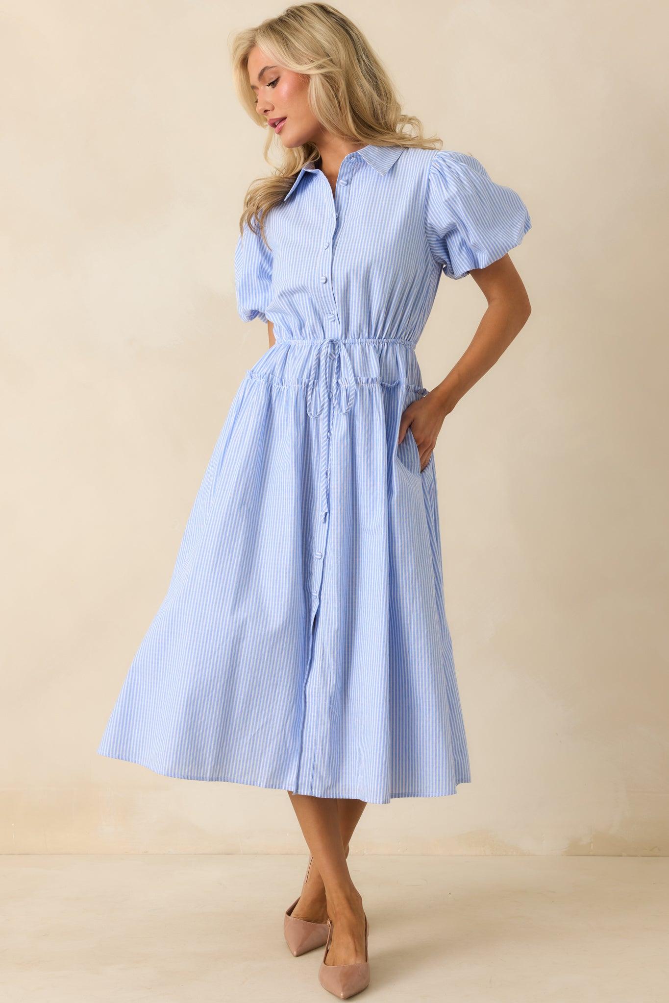A Twist On Timeless Blue Stripe Rayon Maxi Shirt Dress Product Image