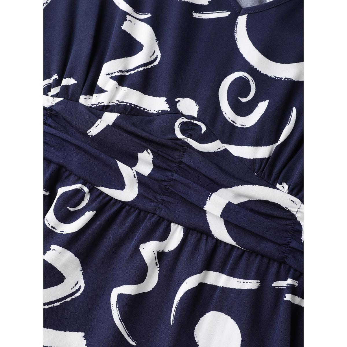 Plus Size Scribble Print Pleated Cinched Waist Midi Dress Indigo Women Office Non V-neck Extra Long Sleeve Curvy BloomChic 10/M Product Image