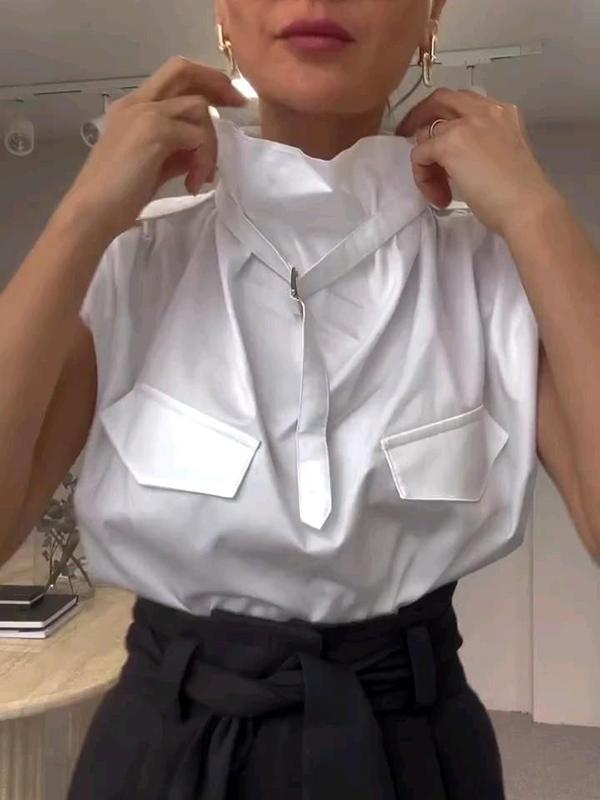 Loose Sleeveless Buckle Solid Color Stand Collar Blouses&Shirts Tops Product Image