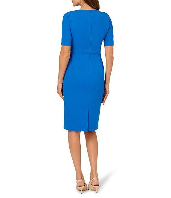 Adrianna Papell Crew Neck Short Sleeve Bow Front Crepe Sheath Dress Product Image