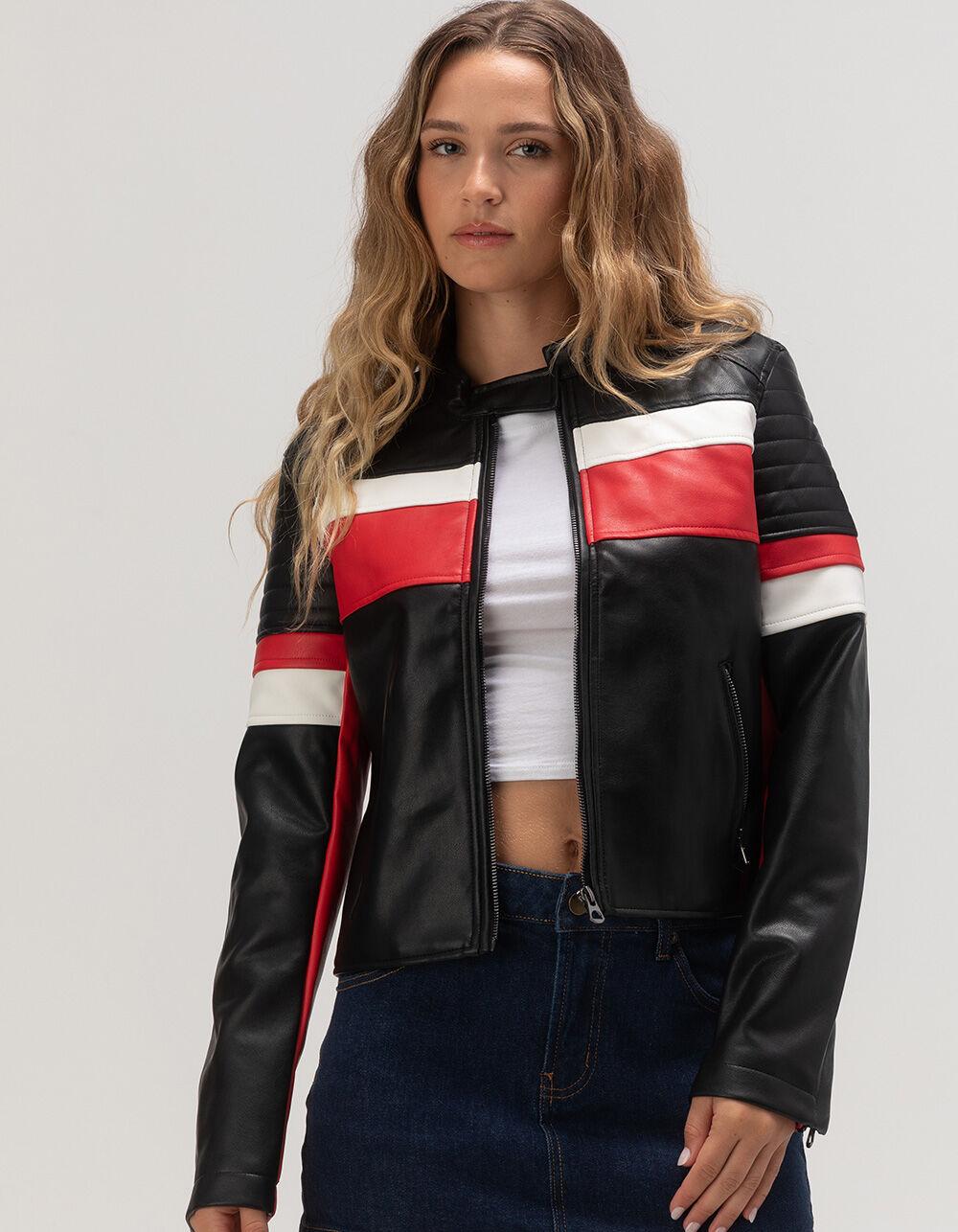 ASHLEY Stripe Racing Faux Leather Womens Jacket - BLACK COMBO Product Image