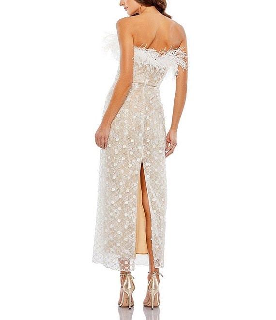 Mac Duggal Sequin Strapless Feather Neck Floral Lace Slit Back Dress Product Image