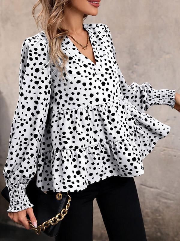 Long Sleeves Loose Elasticity Polka-Dot Split-Joint V-Neck Blouses&Shirts Tops Product Image