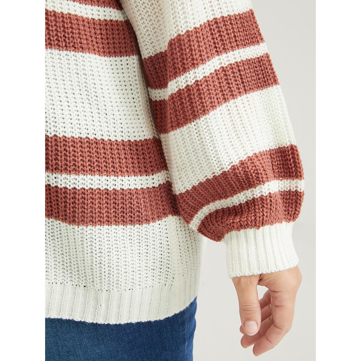 Plus Size Striped Contrast Pointelle Knit Lantern Sleeve Knit Top White Women Casual Loose Long Sleeve V-neck Dailywear Pullovers BloomChic 30/6X Product Image