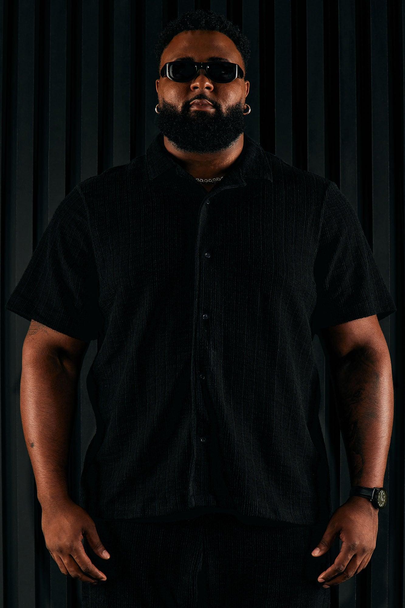 Dean Textured Short Sleeve Button Up Shirt - Black Product Image